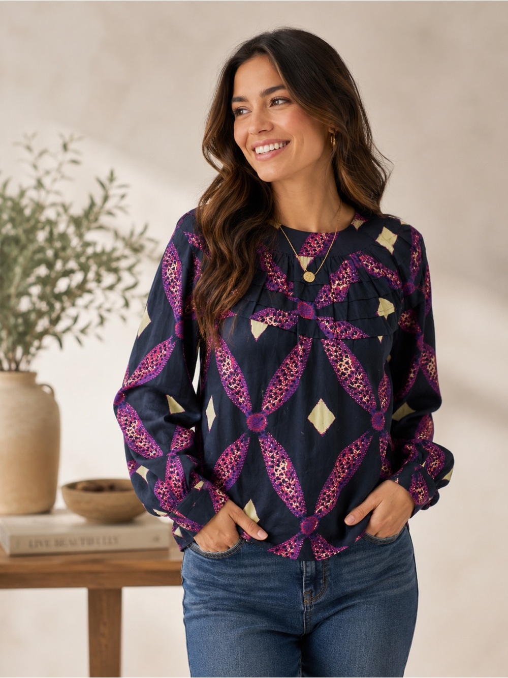 Ulla Johnson Ruffle Snap-Shoulder Balloon Sleeve Cotton Blouse | Shibori Diamond
